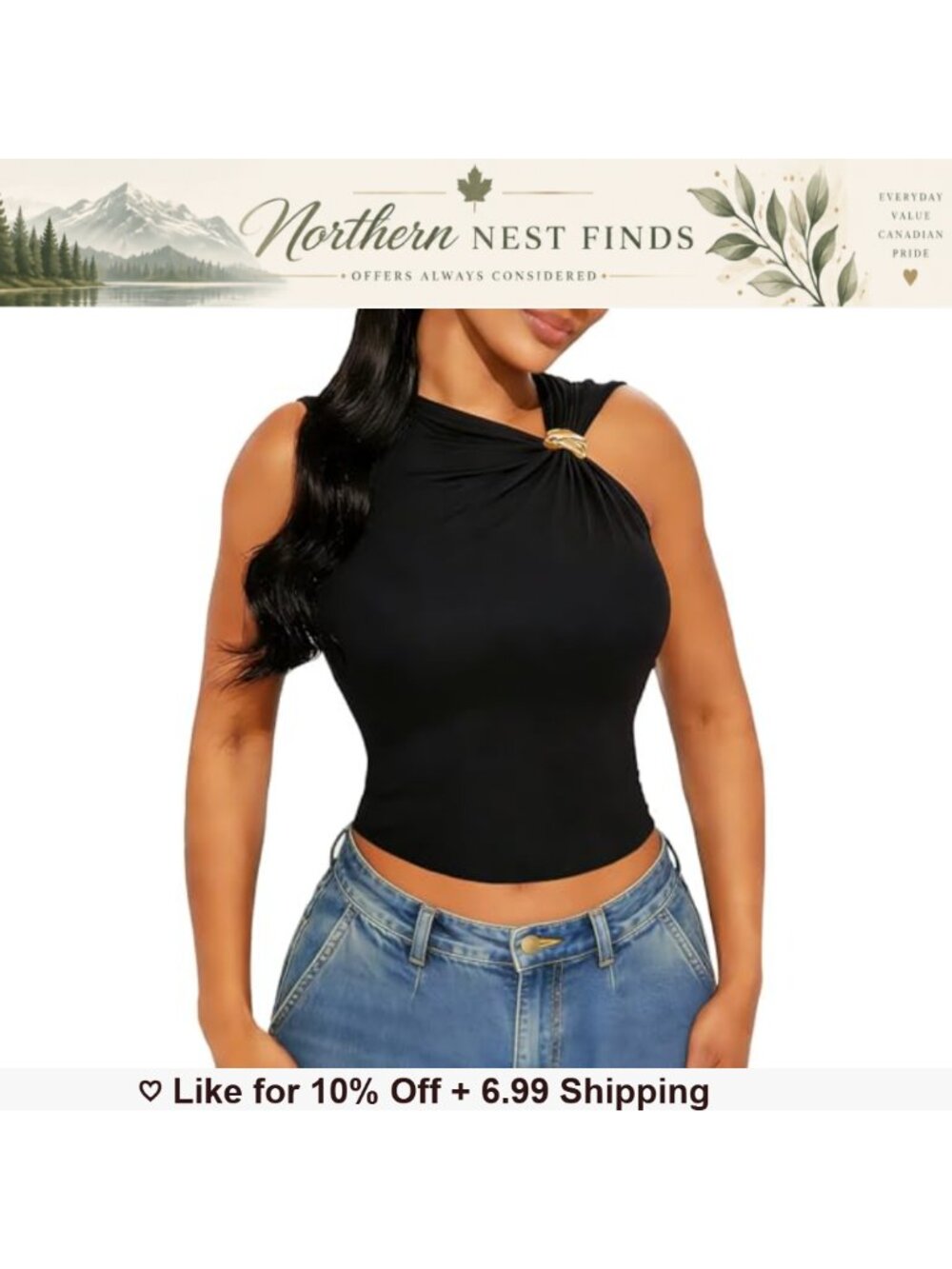 Asymmetrical Neck Tank Top Sleeveless Ruched Metal Ring Slim Fit